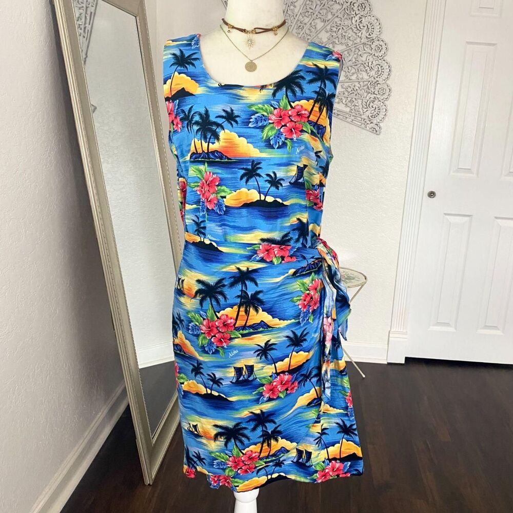 Early 2000's Y2K Made in USA Blue Hawaii Cotton Beach Flower Wrap Dress L